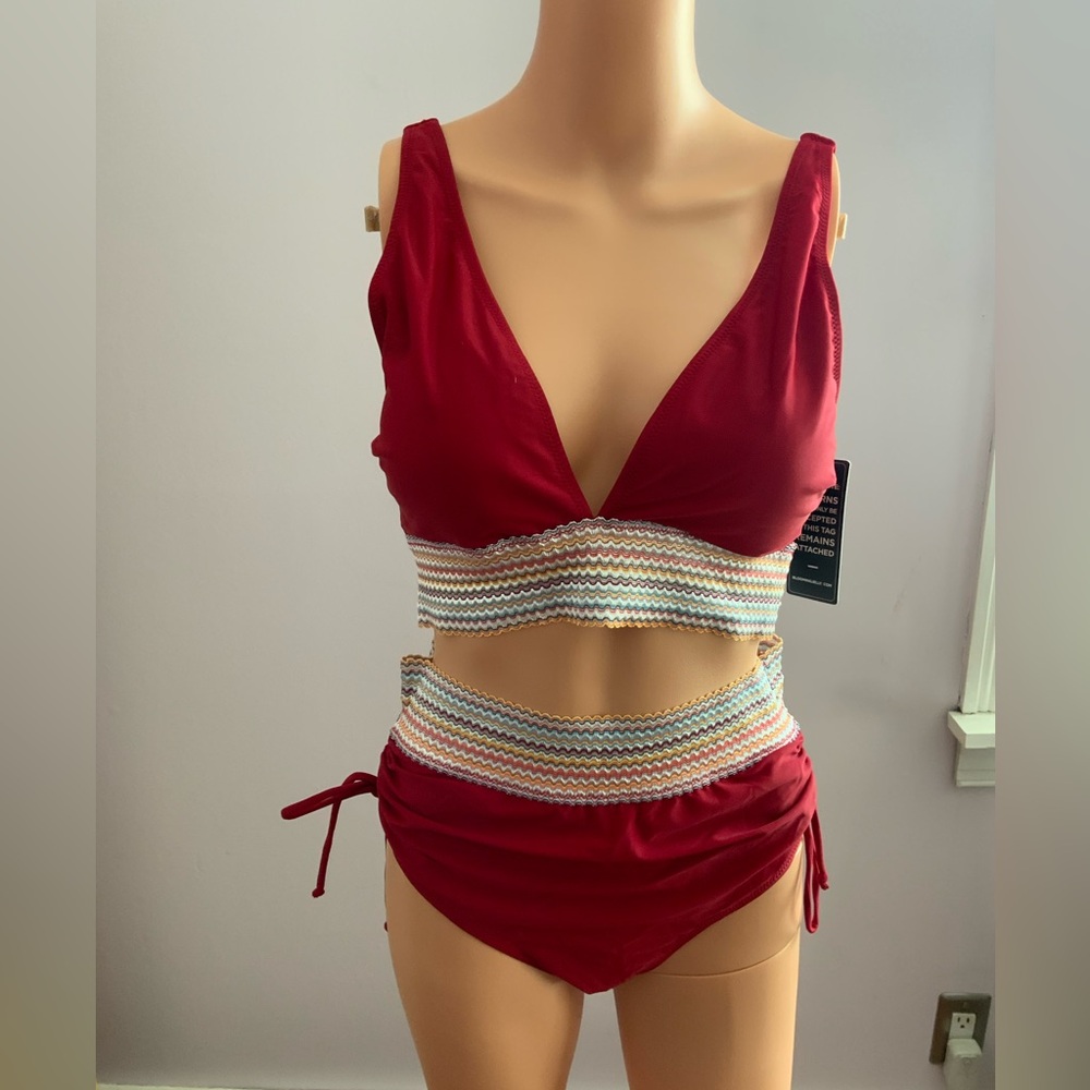 Red Bikini with Striped Waistband